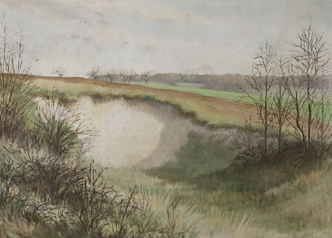 Christopher Hughes, oil on board, Chalkpit in a landscape, signed and dated '48, 29 x 39cm